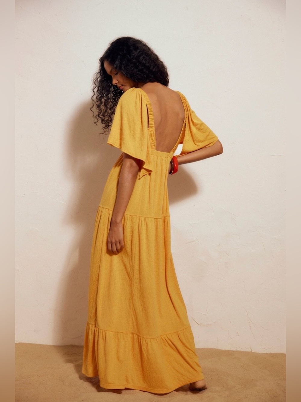 Free People La La Golden Yellow V-Neck Flutter Maxi Dress Size Small - Picture 7 of 12